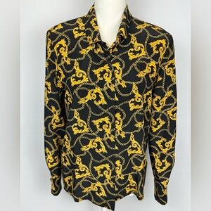 Vintage 90s Barrie Pace Ltd Women’s Silk Blouse Black Gold Chain Print Size 4
